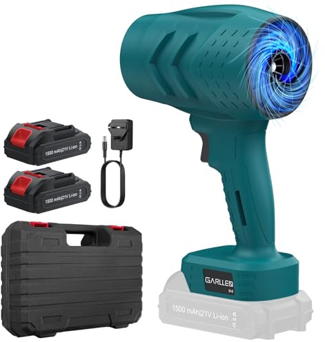 GARLLEN Soplador de Hojas Inalámbrico 21V, Motor de Cobre Puro 35000 RPM, Velocidad del Viento Ajustable Libre, 2 Baterías 1,5Ah con Cargador Rápido Ideal para Jardín, Terraza, Coche, Camping
