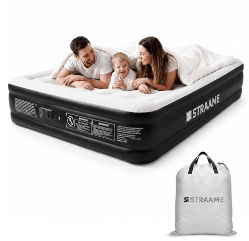 Straame Double Air Bed, Built-in Pump, Flocked Top, 196 x 145 x 47cm, Black | 450 L/min airflow, vertical air coils, anti-slip base, carry bag and multi-layer PVC build for home, camping, guests & travel