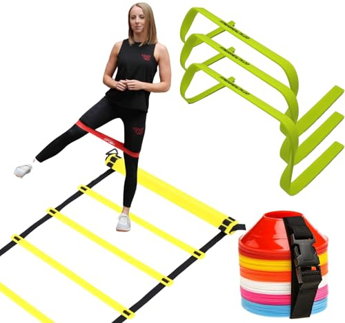 RAPID Fitness Speed Ladder Skills Training Equipment Set - Complete Workout Kit for Speed, Coordination & Strength Workout Kit with Agility Ladder, Hurdles, Leg Resistance Bands and Cones