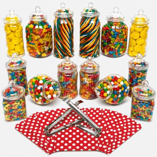 14 Plastic Sweet Jars, 7 Styles, 2 Tongs and 50 Bags. Ideal for Party, Wedding, Sweet Table, Candy Buffet (Red Polka Dot Bags)