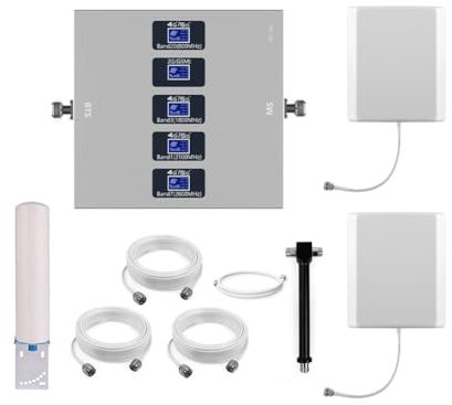 KKBSTR Amplificador 4G 5G Repetidor Señal Movil, 5 Bandas 800/900/1800/2100/2600MHz, Dos Antenas Interiores