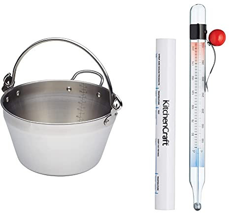 KitchenCraft Jam Pan for Induction Hob with Recipe in Gift Box, Home Made Maslin, Stainless Steel, 4.5 Litre, Silver & Jam/Sugar Thermometer with Protective Cover, Glass
