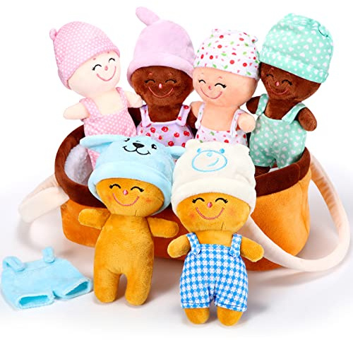 Skylety 6 Pcs 7'' Multicultural Baby Dolls Soft Basket of Babies Sensory Diverse Plush Dolls Stuffed Plush Ethnic Buddies Figures with Removable Clothing for Boys Girls All Ages Preschool Classroom