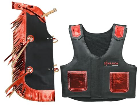 HILASON Youth Bull Riding Leather Protective Vest Chaps Black Red