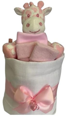 Nappy Cake Pink Baby Gift - Muslin Square wrap 9 Premium Nappies, Baby Bib Socks and Plush Soft Giraffe