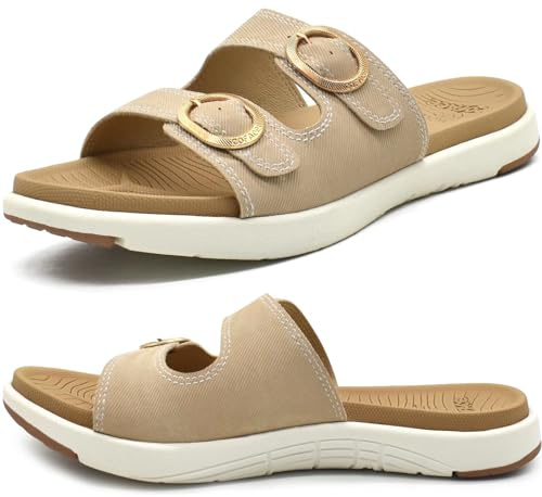 COFACE Dam ortopediska tofflor komfort plantar fasciit båge stöd slip on platta sandaler dam mjuk kudde mode yogamatta glidare med justerbara remmar, BEIgE, 42 EU