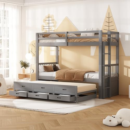 Litera de 90 x 200 cm para Niños y Niñas - Estructura de Madera de Pino y Tablero de Fibra de Densidad Media Con Escalera, Cama Extraíble y 3 Cajones (Gris)