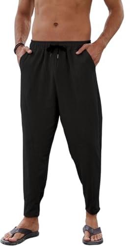 Yutdeng Pantaloni Harem in Lino e Cotone Estivi Casual con Quattro Tasche - Comodi Baggy Elastici per Yoga e Spiaggia