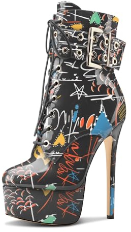 Aachcol Mujer Aguja Alto High Heel Plataforma Botines Redonda Punta Cordones Cremallera Caña Media Cierre con Hebilla Dress Botas