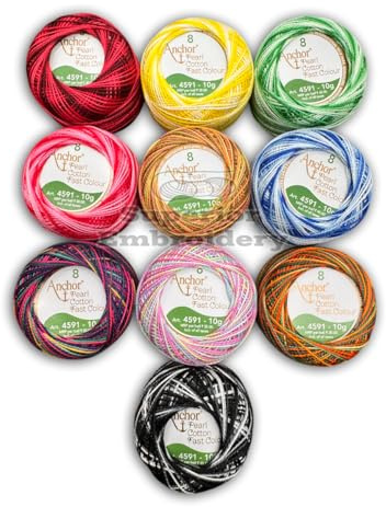 Pack of 10 Multi Variegated Anchor Pearl Cotton Balls Anchor Crochet Cotton Embroidery Thread Balls Size 8 (85 Meters Each) Double Shaded Colours UK