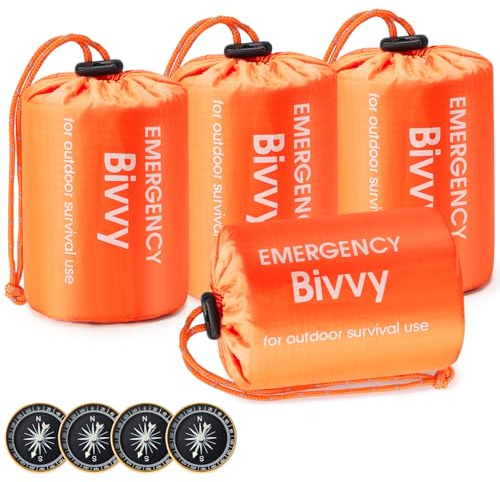 Esky Lot de 4 Sacs de Couchage d'urgence, Sacs de Bivouac Thermiques Portables, imperméables et légers, équipement de Survie avec Boussole et sifflet pour Camping, randonnée, Aventure en Plein air,