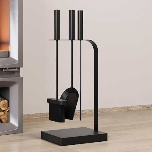 Kingson Set di 4 attrezzi per caminetto nero per bruciatori a legna, include attizzatoio, spazzola e pala e accessori per bruciatori di legna