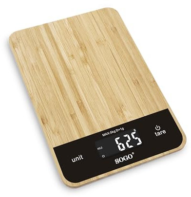 Sogo Bilancia Elettronica Da Cucina Con Piattaforma Di Bambù Ecologico - Bilancia Di Precisione 1 Gramo Fino a 5 kg - Bilancia Tocco Con Funzione Tara E Spegnimento Automatico - Design Elegante Per