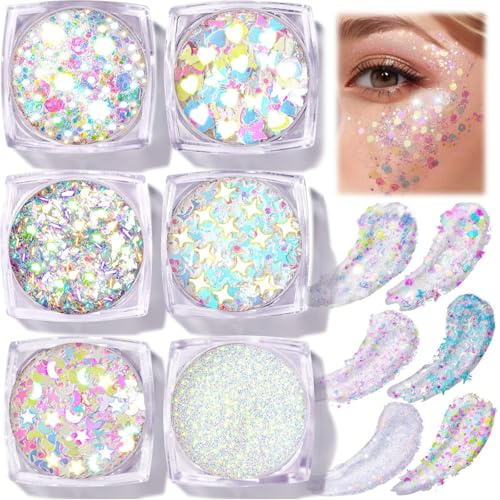 Lilbitty Lot de 6 gels à paillettes pour le visage et le corps paillettes brillantes pour le maquillage, les cheveux et les travaux manuels argent et or