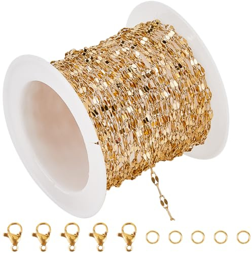 SUNNYCLUE 5 m / 16,4 fot guldkedja kit rostfritt stål kedjor rulle metall förlängningsanslutningar oregelbundenhet kedja med spole öppna hoppringar hummerlås för smyckestillverkning halsband