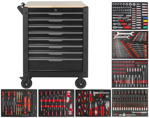 JOMAFA Carro de Taller 8 cajones con Herramienta y Bandeja de Madera, 7 MODULOS EVA Rojo
