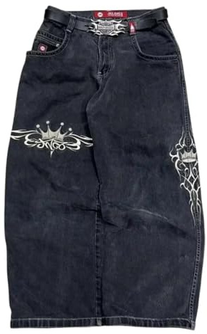 ORANDESIGNE Homme Jeans Baggy Taille Basse Unisexe Pantalon Cargo Décontracté Imprimé Hippie Denim Noir XS