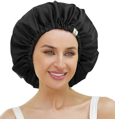 ATNKE Mujeres Gorro de Seda Dormir Suave Doble Capa Satén Forrado Seda Ajustable Gorro para Dormir Noche para Largas Atar Trenzas Grandes Rizadas y Naturales/Black