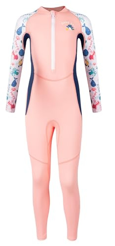 SEAUR Girls Swimwear Long Sleeve Swimming Costume Full Length Swimsuit Kids One Piece Bathing Suit Zipper Rash Guard for Diving Snorkelling Surfing Pink