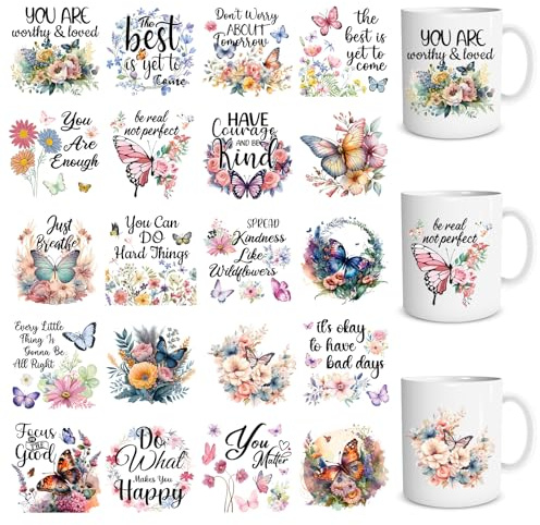 Eiapadeor Inspirational Rub on Transfer Stickers - 20 Sheets Mental Health UV DTF Cup Wraps, Butterfly UVDTF Wraps for Adults, Waterproof Rub on Decals for Glass Cups Mug Tumbler, DIY Transfer Crafts