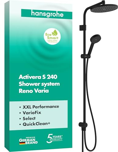 hansgrohe Activera S - vattenbesparande Duschsystem (EcoSmart) utan blandare, Regndusch (240 mm), Duschset med handdusch (2 stråltyper), duschslang, duschstång och huvuddusch, matt svart, 28074670