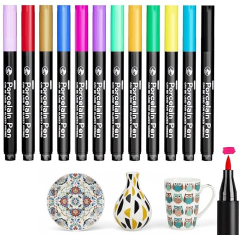 Hyleon 12-Color Porcelain Pens, Porcelain Paint Pens Set – Dishwasher Safe, Permanent & Waterproof for Glass, Stone & Ceramic Projects