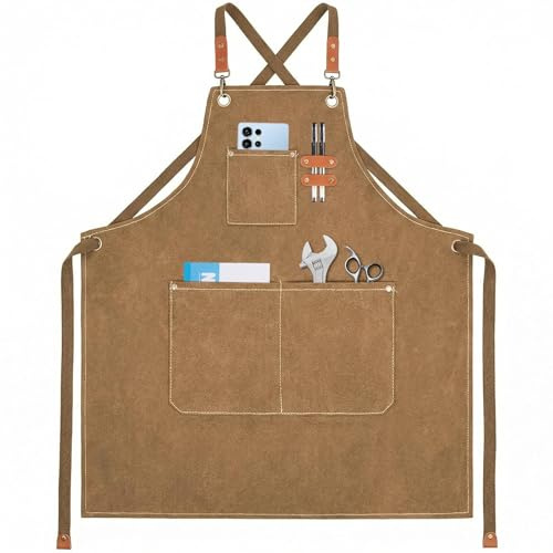 Dwitkul Grembiule Cucina Uomo Donna Grembiule Barbecue Grembiule da Cuoco Regolabile con 3 Tasche Tela Grembiuli Lavoro per Cottura Giardinaggio BBQ Caffetteria Barista (Marrone)