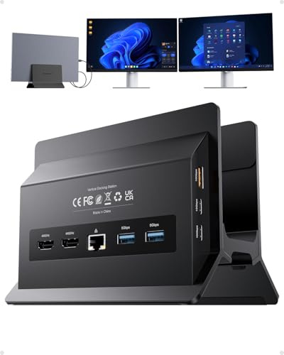 USB C-dockningsstation dubbel bildskärm 4K 60Hz, 11-i-1 vertikal laptopdocka med stativ, 100 W PD-laddning, 10 Gbps USB-C och USB-A, Gigabit Ethernet för Windows/Dell/Lenovo/HP bärbara datorer, svart