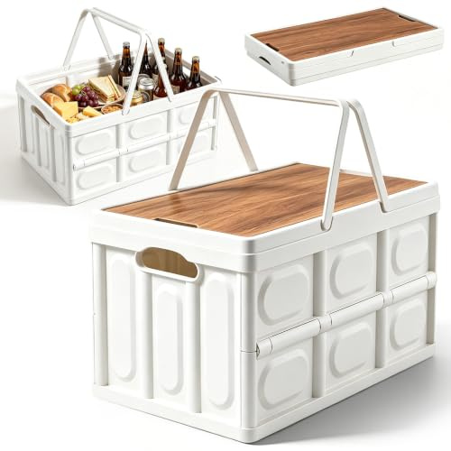 Ruioomeep vikbar klapplåda 30L med trälock, stabil, förvaringslåda för camping och picknick, bagagerumsorganiserare bil, vikbar liten campinglåda, transportlåda för hushåll, 43x30x24cm (Vit)