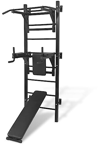 Ziaphsol multifunktionellt fitnesskrafttorn för väggmontering svart av stål med dipstation, pull-up-torn, sit up bänk, softgrip handtag för motionsträning, kalisthenics