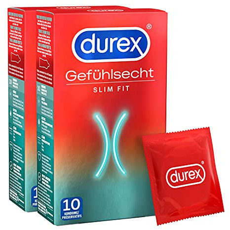 Durex Gefühlsecht Slim Kondome – Dünne Kondome mit schmaler Passform & mit Silikongleitgel befeuchtet– 2er Pack (20 Stück)
