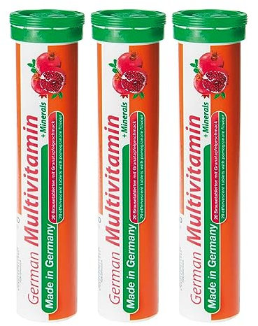 German Multivitamin + Mineralien Brausetabletten 60 Stk. Granatapfelgeschmack – 10 Vitamine + 2 Mineralien – Made in Germany