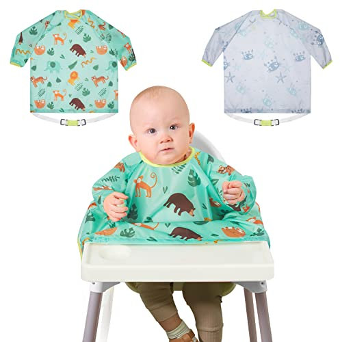 Lictin Coverall Baby Feeding Bibs - 2-Pack Long Sleeve Bibs for Eating, Waterproof Bib Attaches to Baby Highchair and Table, Adjustable Weaning Bibs, High Chair Food Catcher