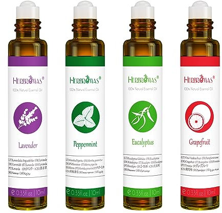 HERBROMAS Ätherisches Öl Roll On Set - Lavendel, Pfefferminze, Eukalyptus & Grapefruit Aromatherapie, Entspannungsgeschenk für Frauen, 4 x 10ml