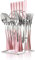 Flatware Set with Stand, 24 Pieces Stainless Steel Cutlery Set with Holder, Knife Fork Spoon Hanging Flatware Setfor 6 Person, Modern Kitchen Eating Utensils Set, Dishwasher Safe (Pink)