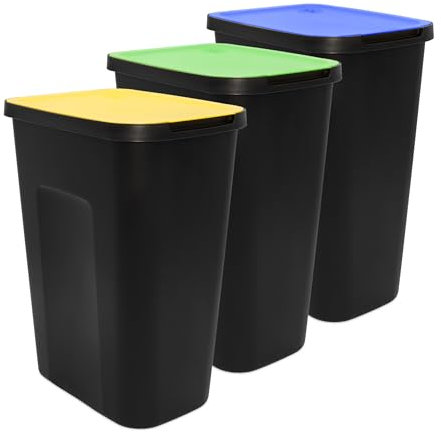 Lot de 3 poubelles noires couvercle charnière coloré - 35 l - Système tri sélectif déchets biologiques - Plastique papier recyclé - Système recyclage déchets