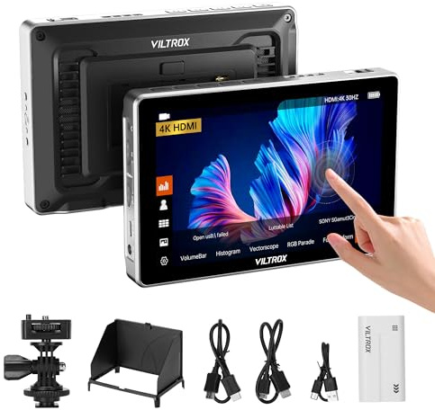VILTROX DC-L1 7 Monitor de Campo para Cámara con Pantalla Táctil y Amplio ángulo de Visión de 170°,600nits,HD 1280x800 IPS Entrada/Salida HDMI 4K, Asistente de Enfoque 3D Lut Peaking,Batería,Parasol