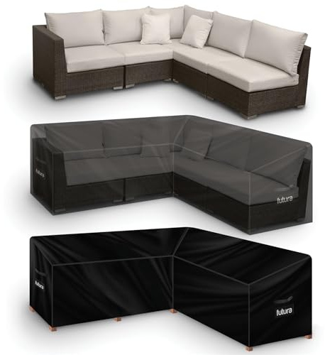 Futura Premium V Shaped Garden Furniture Covers Waterproof 215x215x80cm, Heavy Duty 600D Oxford Fabric Outdoor Rattan Corner Sofa Cover, PVC Lined, Air Vents and UV Safe