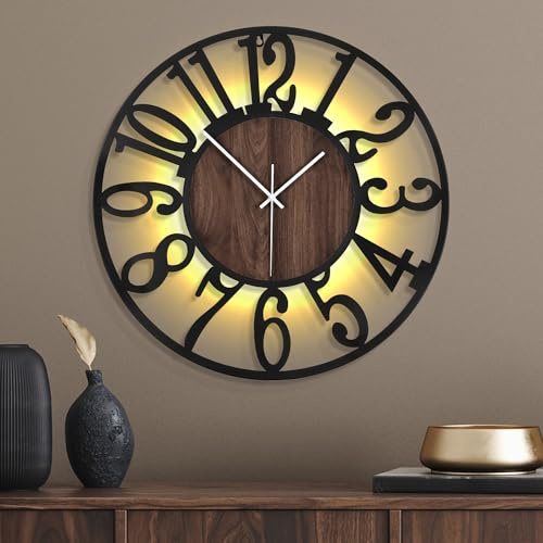 Mee 2ou Orologio da Parete Grande con Luce Notturna a Batteria – 60 cm Silenzioso, Moderno, Effetto Legno, LED Luminoso al Buio, Ideale per Soggiorno, Camera da Letto, Cucina