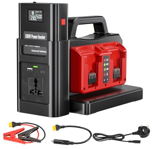 Adisipsoarin 500W Pure Sine Wave Power Inverter for Milwaukee M18 18V Battery, 4-Ports DC 18V to AC Outlets 230V Car Charger Plug Inverter Adapter Converter for Camping, Emergencies(Tool Only)