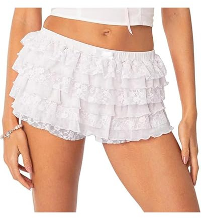Kfsghdnz Mini pantalones cortos de verano Y2K para mujer, lindos volantes y encaje, falda corta elástica de cintura baja, pantalones de calabaza, pettipant Bloomers, Blanco a, S