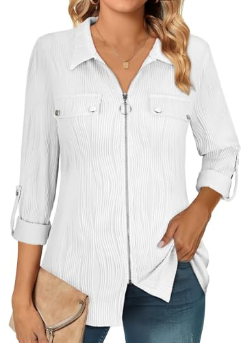 Flikity 3/4 Sleeve Tops for Women UK Collared Blouses for Women Business Casual Work Blouse for Office Roll Up Long Sleeve Shirts Full Zipper Womens Fall Tops Fashion 2025 Coat Outwear White XL