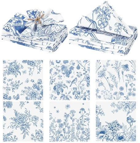 Kochorie 12 Pieces Blue Floral Cloth Napkins, 18 x 18 Inch Reusable Soft Fabric Napkins, Washable Flower Dinner Cocktail Napkin for Spring Summer Tea Party Holiday Home Kitchen Wedding Restaurant