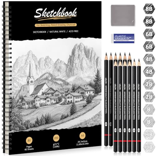 DazSpirit Cuaderno de Dibujo A3, Sketchbook con Tapa Dura y Papel Grueso 200g/m², 12 Lápices de Dibujo & Gomas, Bloc de Dibujo Espiral, 40 Hojas/80 Páginas, Perfecto para Lápices, Carbón, Pasteles