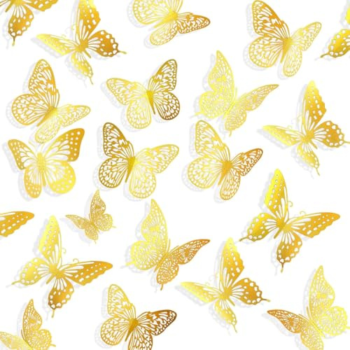 WUYJI Wedding Decorations, 60 adesivi 3D a forma di farfalla color oro metallizzato, 5 stili, 3 dimensioni. Decorazioni a forma di farfalla color oro per la casa, adatte a compleanni e feste