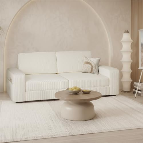 Yaheetech Canapé Rembourré en Velours Côtelé avec Coussins Amovibles Ivoire | Canapé Convertible 3 Places, Accoudoir Large, Dossier Haut, sofa lounge pour Salon Chambre à Coucher Bureau Salle de Réunion