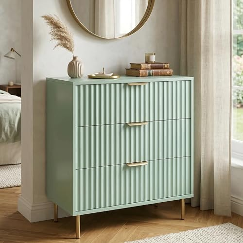 Blisswood 3 Drawer Fluted Chest of Drawers, Painted Wooden Bedroom Storage Unit with Gold Handles & Legs, Modern Dresser Organiser with Smooth Silent Glide Drawers for Bedroom, Living Room_Sage Green