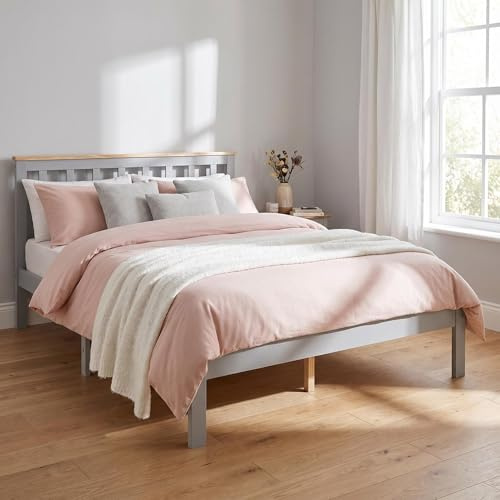 Panana Double Bed Frame 4ft6, Solid Pine Wood Bed with Headboard, No Box Spring Needed, 135x190cm Bedstead for Bedroom, Guest Room (Grey/Natural)