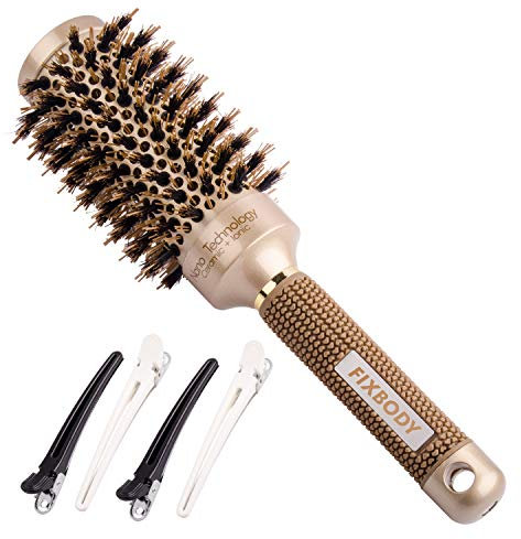 FIXBODY Round Barrel Nano Thermal Ceramic Coating & Ionic Tech Hair Brush with Boar Bristles, for Hair Blow Drying, Styling, Curling, Straightening(3 Inch, Barrel 1.7 Inch, Gold)