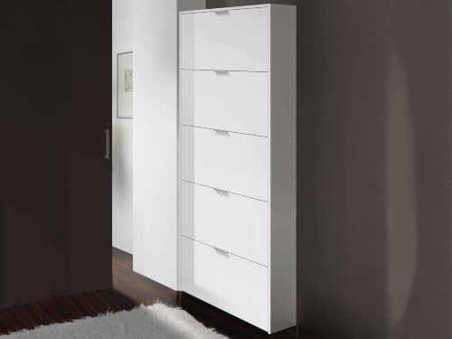 Dmora - Étagère à chaussures Washington, Armoire à chaussures 5 portes pliantes, Étagère d'entrée haute, Moderne, 70x17h180 cm, Blanc brillant